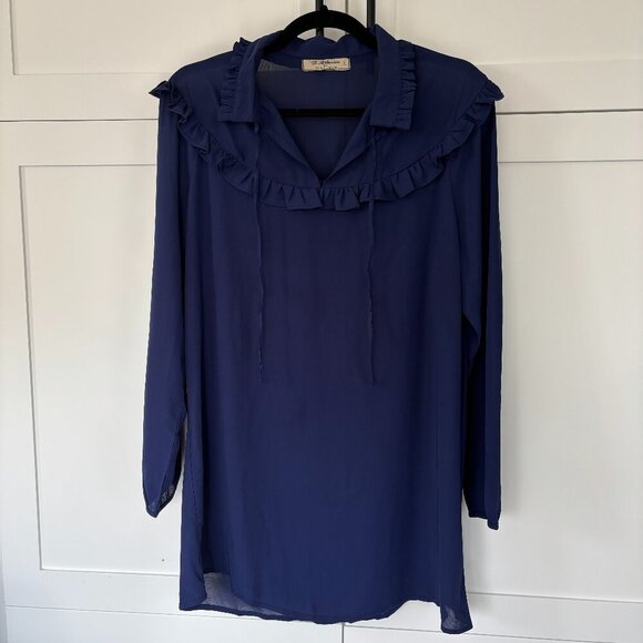 Vintage Ruffle Detail Long Sleeve Navy Blue Blouse D. Affortun by Dina Khan - Picture 1 of 7